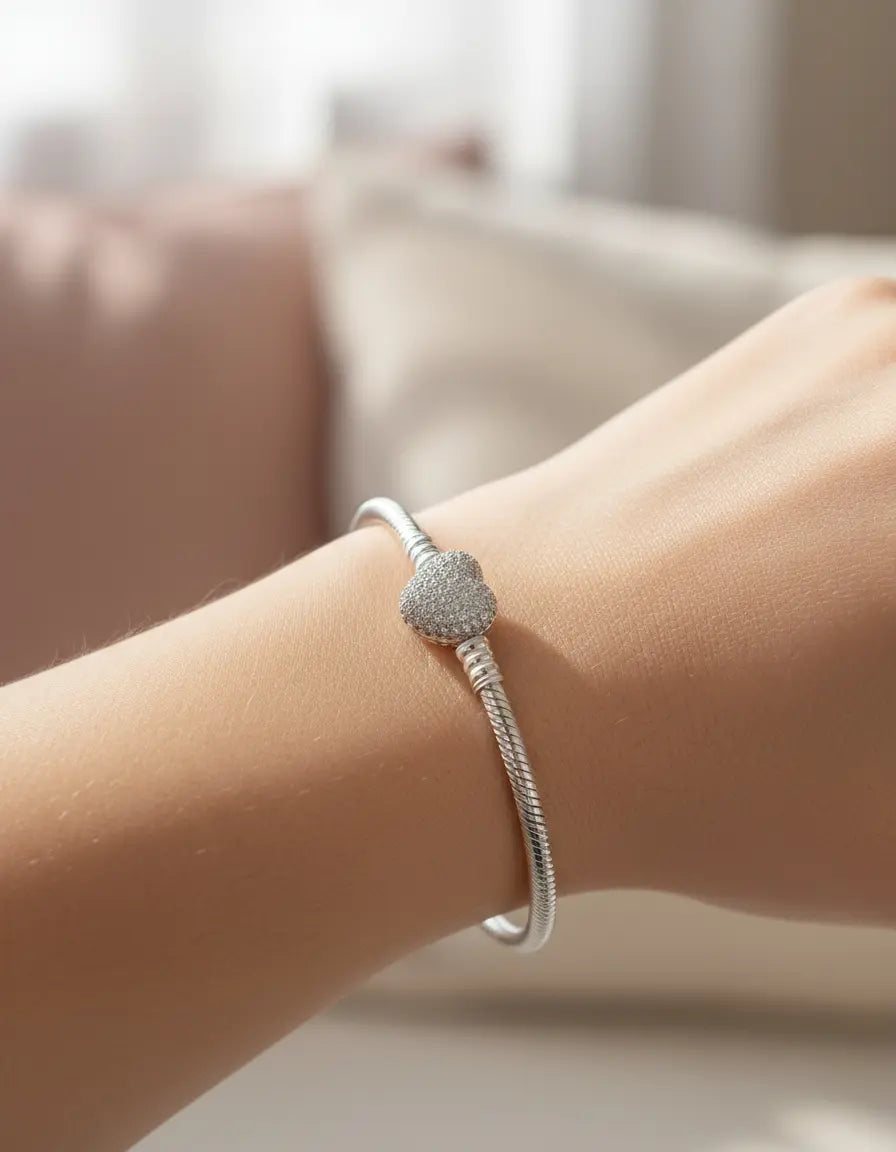 Pulsera Brazalete Cierre Corazon Pave Plata 925 Casa Plata
