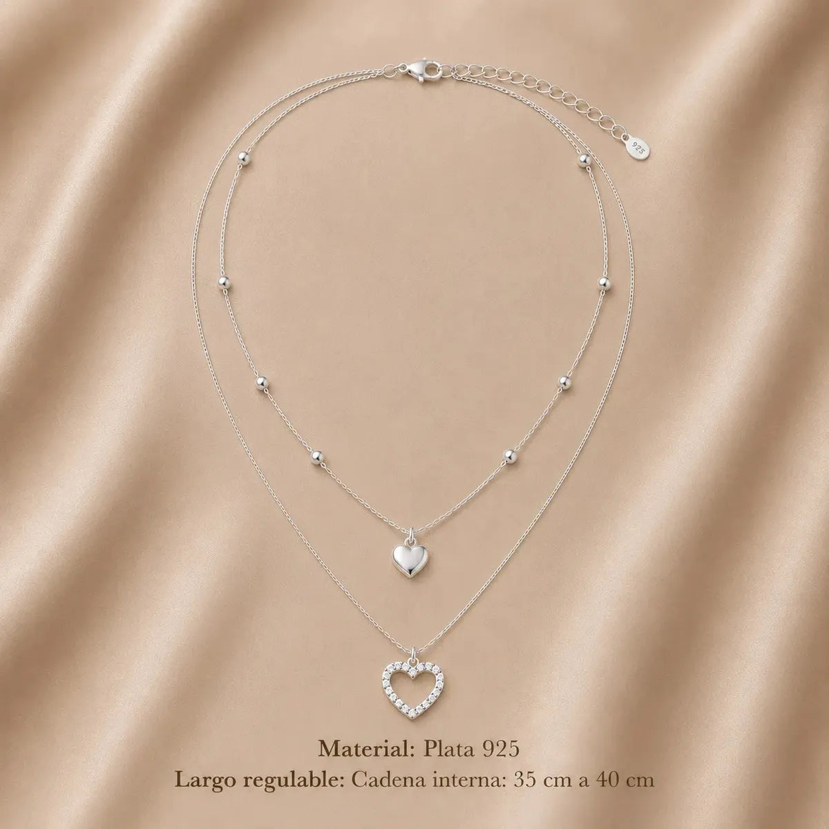 Collar Plata 925 Doble Cadenita Con Dijes Corazón Mujer Plata Casa Plata