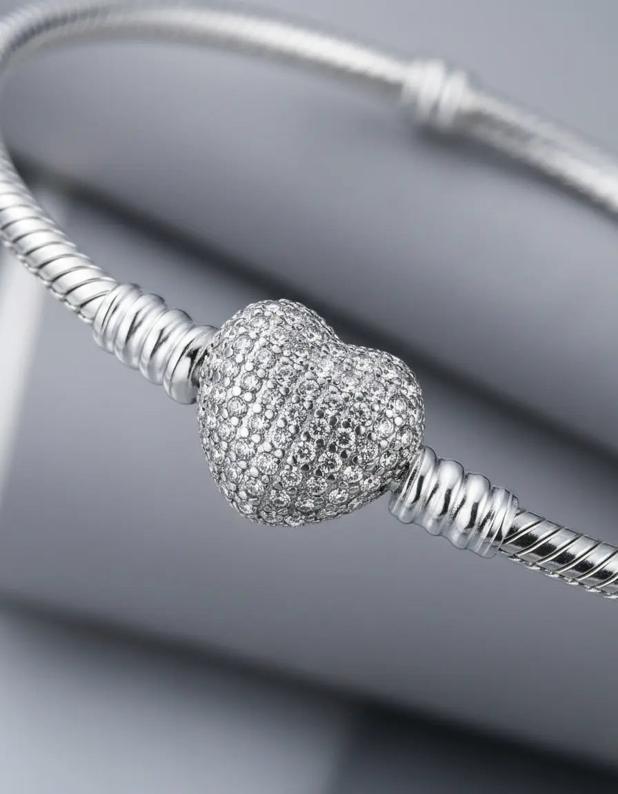Pulsera Brazalete Cierre Corazon Pave Plata 925 Casa Plata